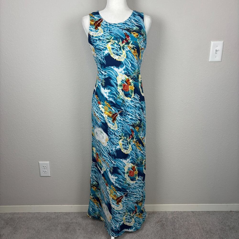 Vtg The Hawaiian Original Maxi Dress Small Blue Floral Aloha Resort Cruise AOP